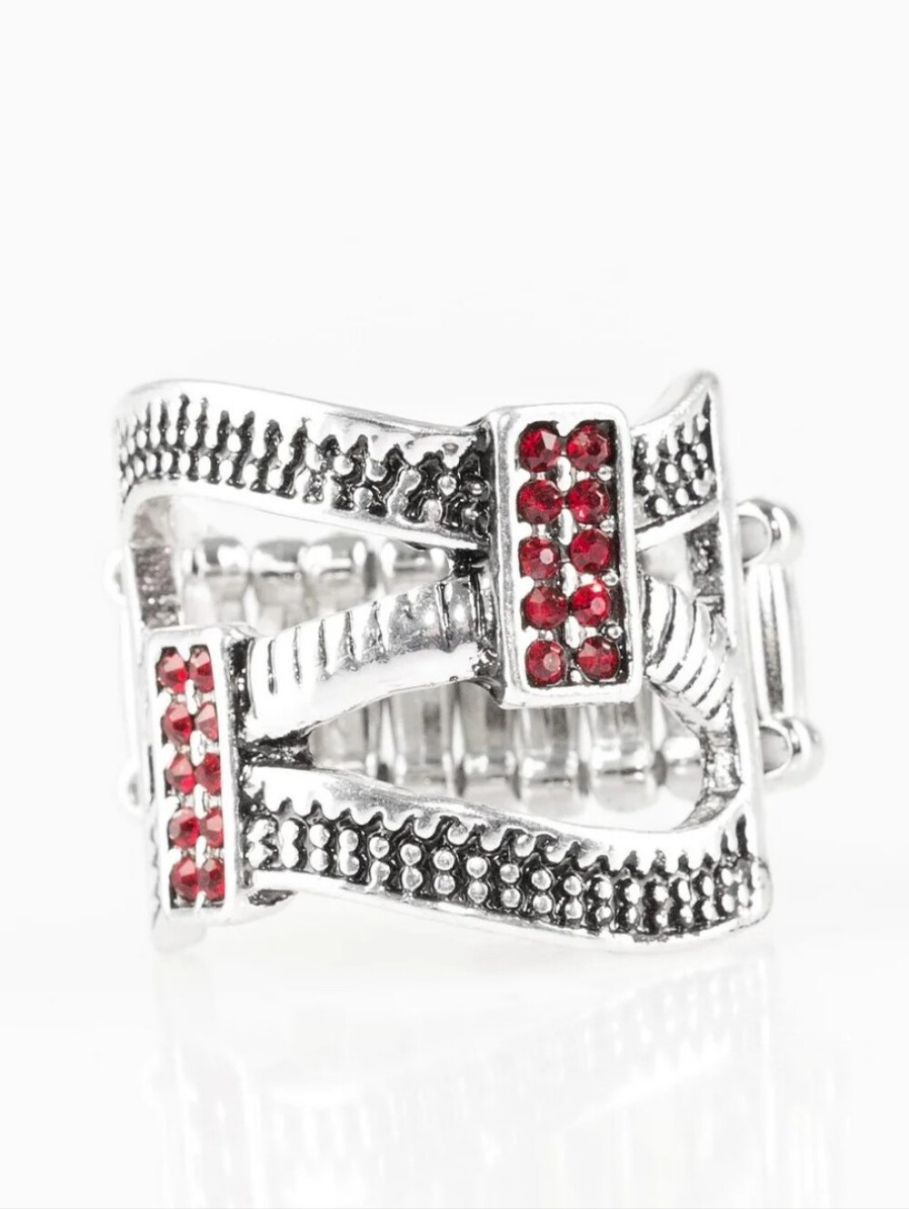 Silver-Tone Openwork Ring with Red Stones